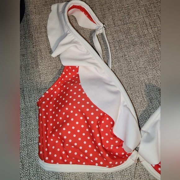 New Sheridyn Fisher Swimwear Bikini Top coral polka dot ruffle 11" across bottom - Picture 2 of 11